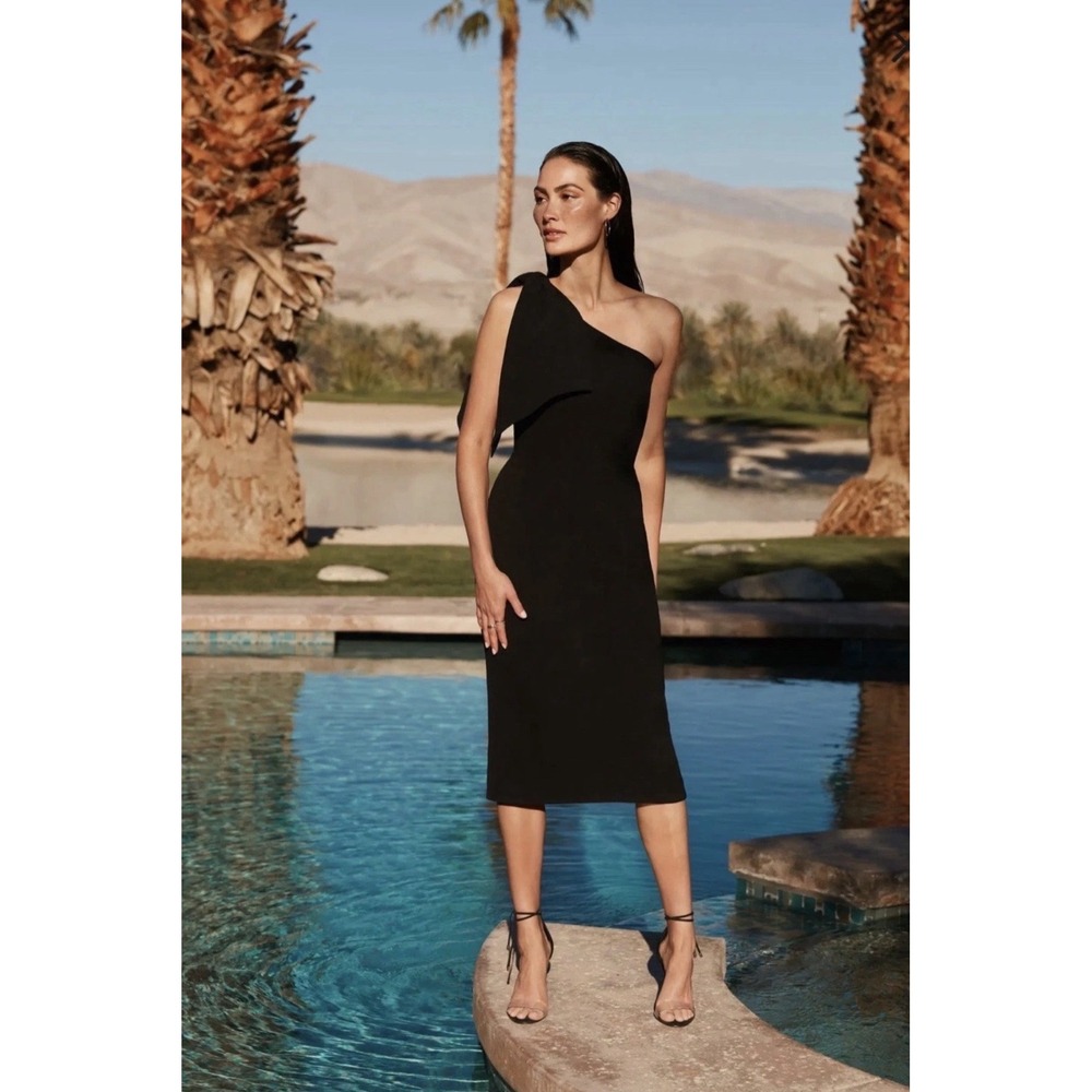 Dress The Population Tiffany One Shoulder Black Midi  Bow Little Black Dress L
